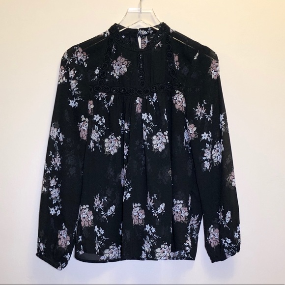 Lucky Brand black sheer floral mock neck blouse Dark romantic blouse Fancy top - Picture 5 of 9